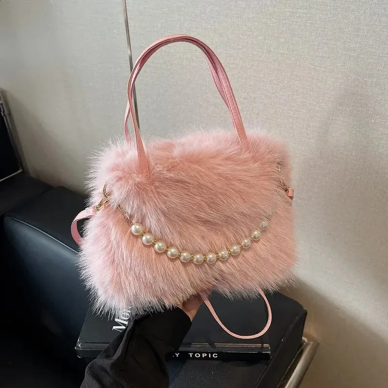 Winter Soft Faux Fur Mini Crossbody Handbag with Zipper Closure