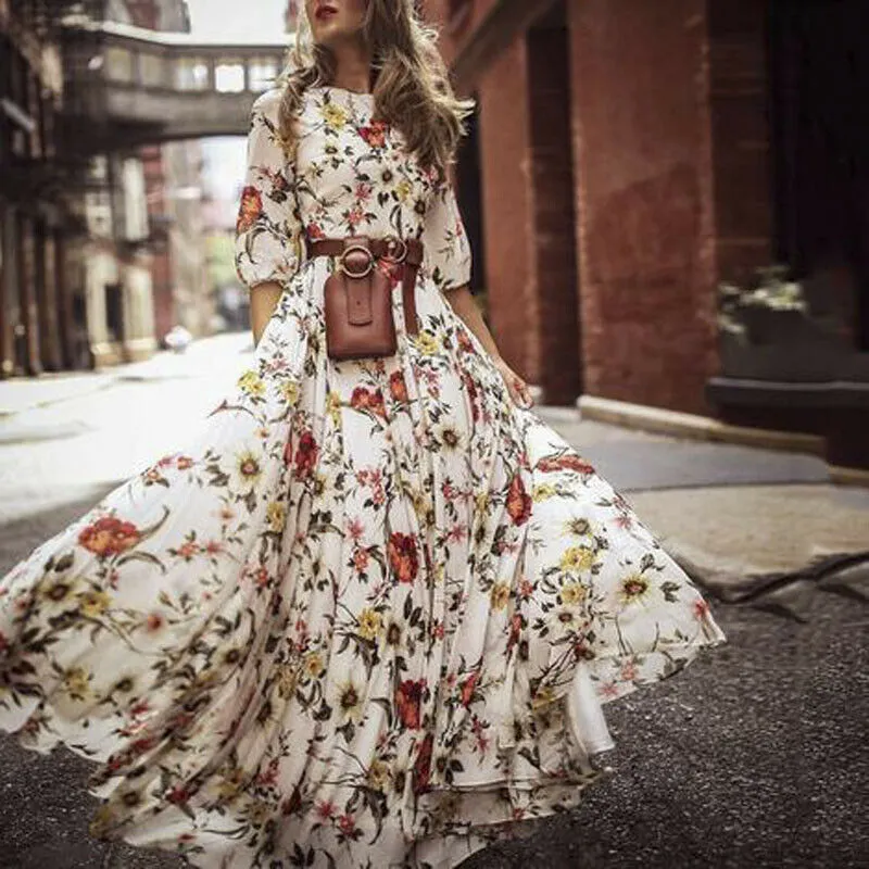 chinese dress ladies Floral Spaghetti Strap Boho Dress  Empire Waist Ankle-Length Maxi in Red | Women's Boho Fashion | M