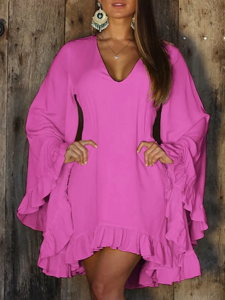 Elegant Solid Color V-Neck Peplum v neck dress for Women - Spring Fashion Flared Long Sleeve Mini v neck dress Perfect for Holiday Parties Elegant Solid Color V-Neck Peplum v neck dress for Women - Spring Fashion Flared Long Sleeve Mini v neck dress Perfect for Holiday Parties