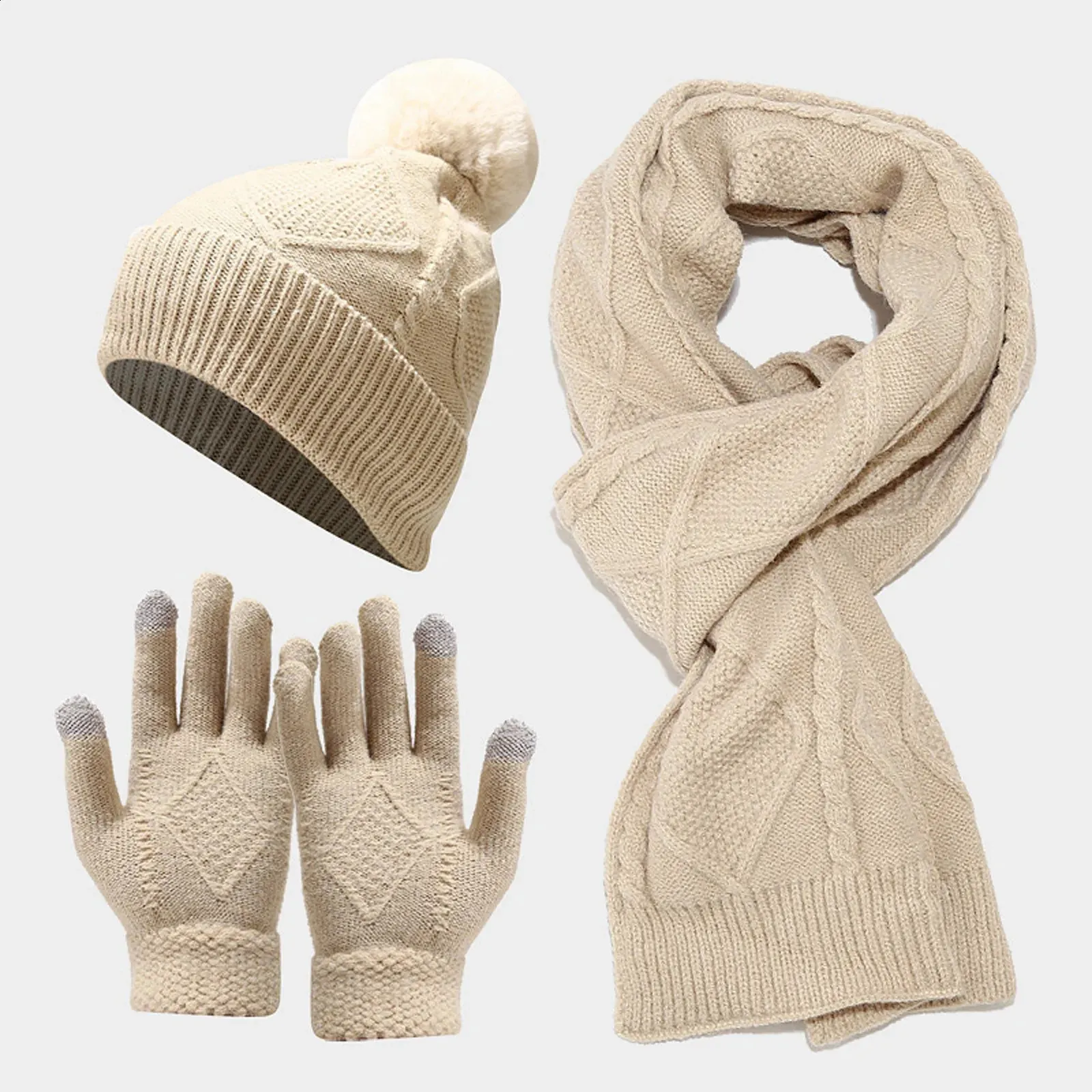 Winter Hat Gloves And Scarf Set Womens Warm Knitted Beanie Scarf