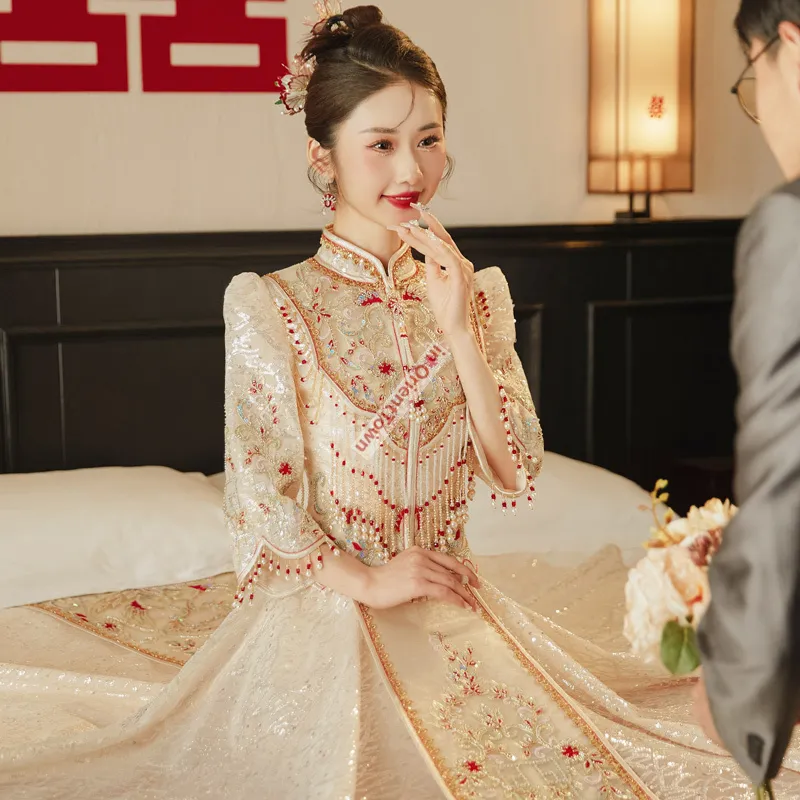 white christmas dresses Traditional Chinese cheongsam dress. Champagne jacquard qipao. Modern qipao  dress. Tea ceremony dress. Elegant evening dresses. Wedding dinner. Asian  dress. Custom dresses. Gifts for women. – Chineseartcharm main image 0