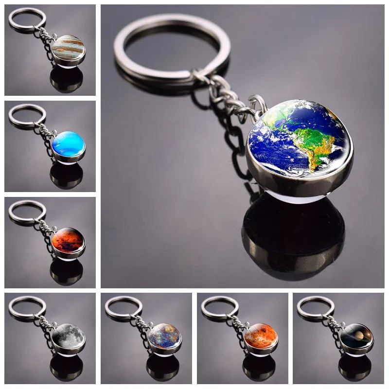 Solar System Keychain Double Sided Glass Planet Ball Keyring With Moon ...