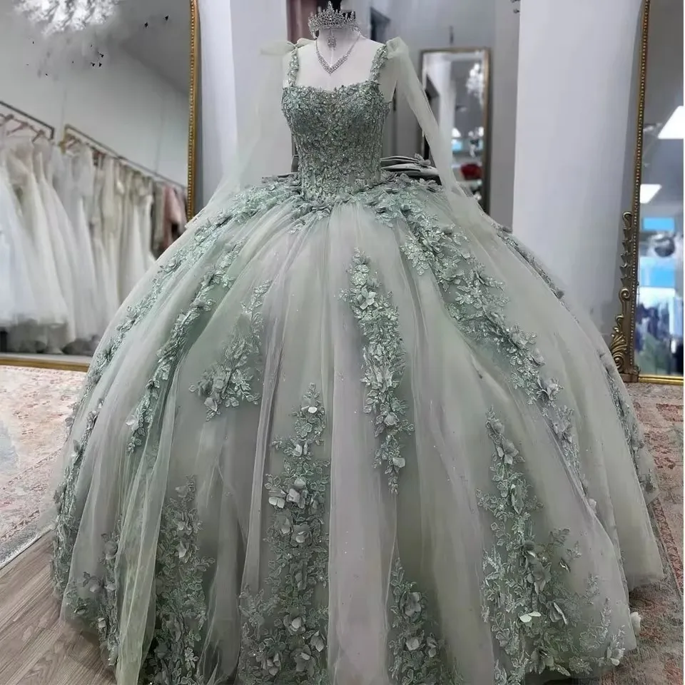 Sage Green Ball Gown with Appliques,Sweet 16 Dress,Quinceanera Dress Y2319