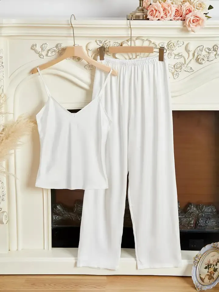 White milk silk camisling ankle-length trousers pajamas set women ...