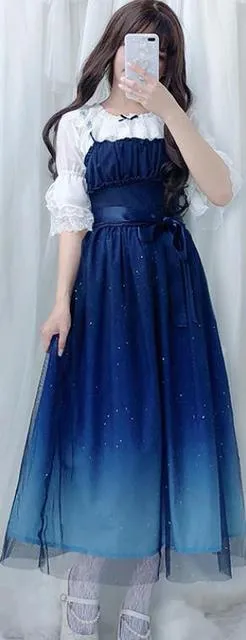 Womens Japanese Fashion Galaxy Blue Starry Summer Dress Lolita Soft Sister  Fairy Lace Tulle Strap Sleeveless A-Line ZR13 from Dhgate Basic & Casual  Dresses - price 20.46