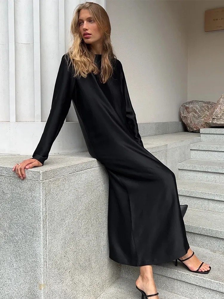 Elegant Black Satin Maxi Dress with Split, Long Sleeves, and Bottomless
