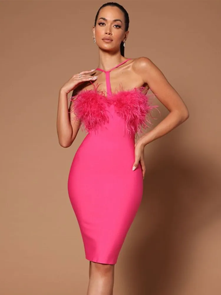 Elegant pink ostrich feather top bodycon dress for women Elegant pink ostrich feather top bodycon dress for women