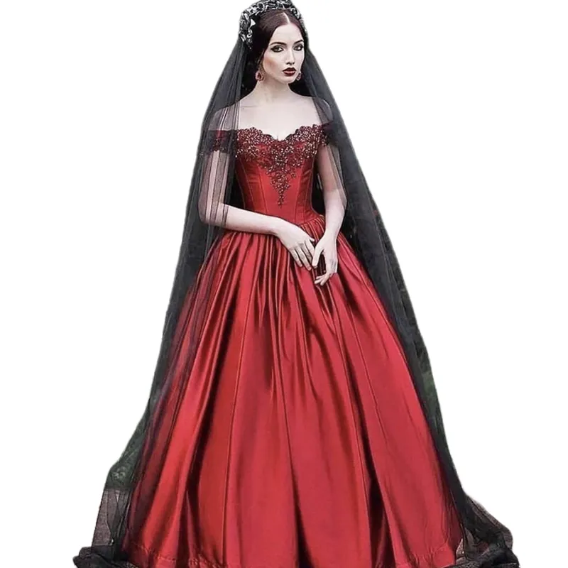Abito Da Sposa Gotico In Raso Rosso Scuro, Appliques In Pizzo Nero