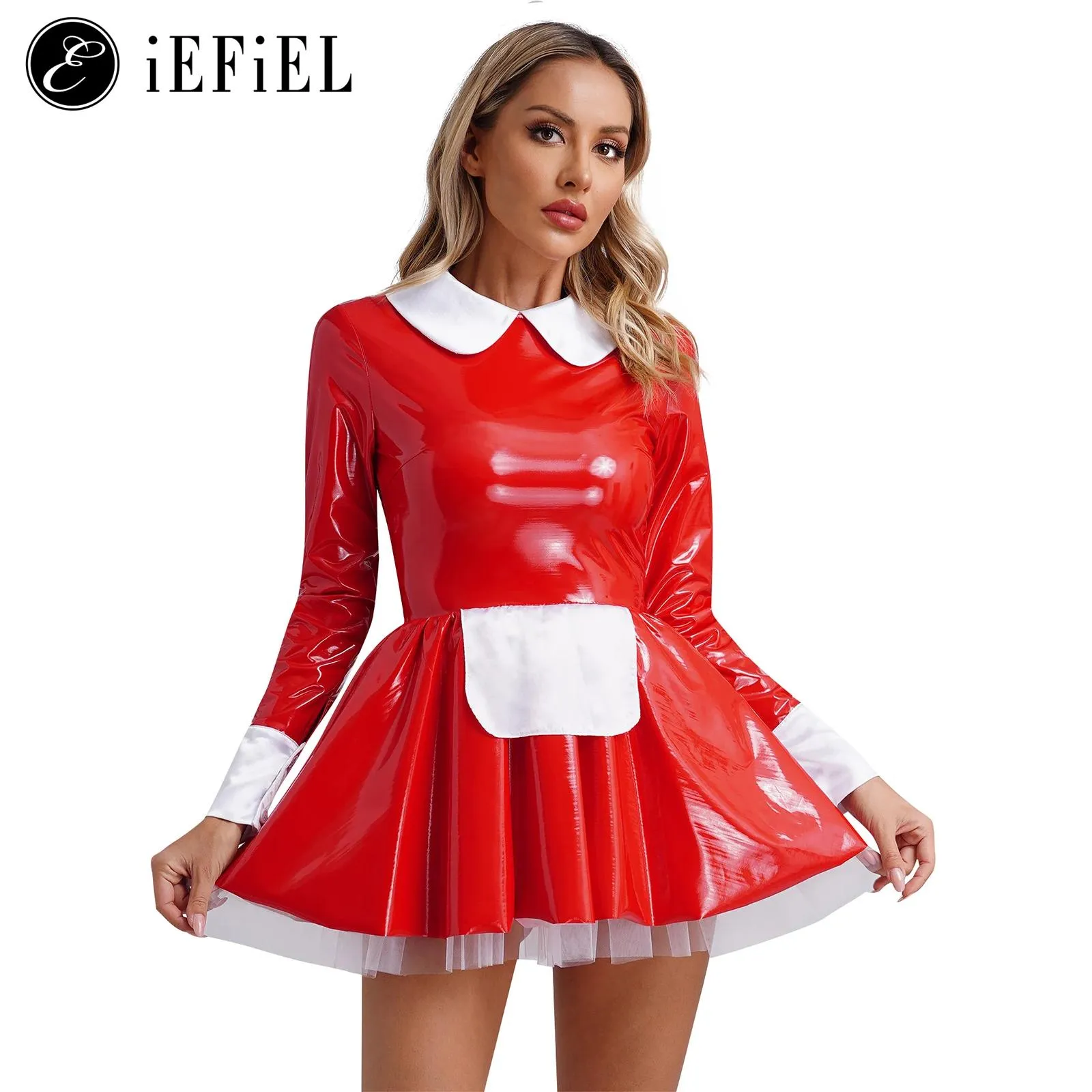 Shiny PVC Leather French Maid with Long Sleeves and Xmas Aprons for Women - Perfect for Halloween, Cosplay, and Fancy Dress Up Parties Shiny PVC Leather French Maid with Long Sleeves and Xmas Aprons for Women - Perfect for Halloween, Cosplay, and Fancy Dress Up Parties