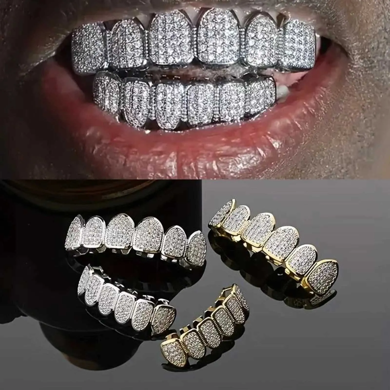 Hip Hop Teeth Grillz with Cubic Zirconia Stones Gold Silver Color ...