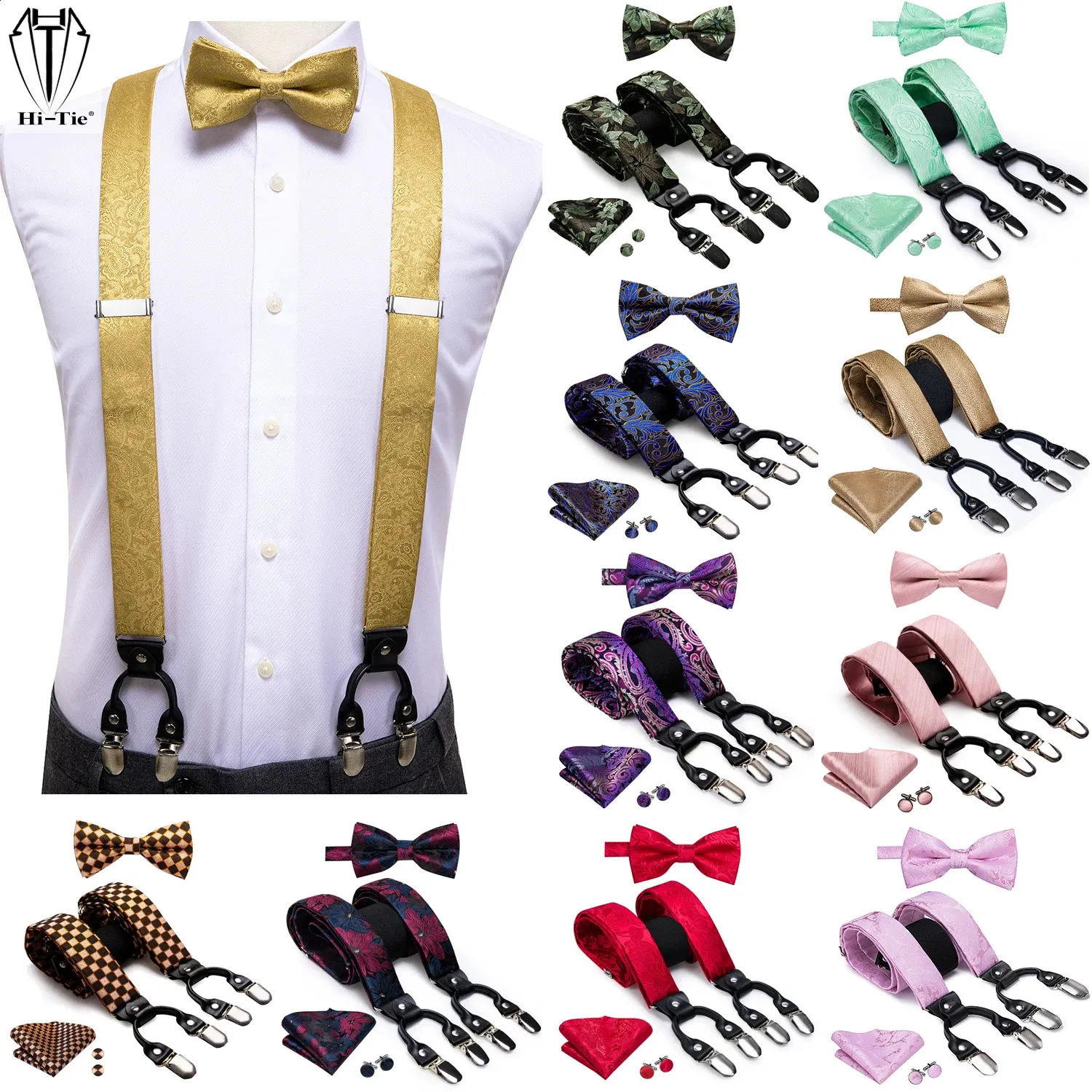 Mens Braces Suspenders Set: Jacquard Woven Silk Gold Adjustable Elastic ...