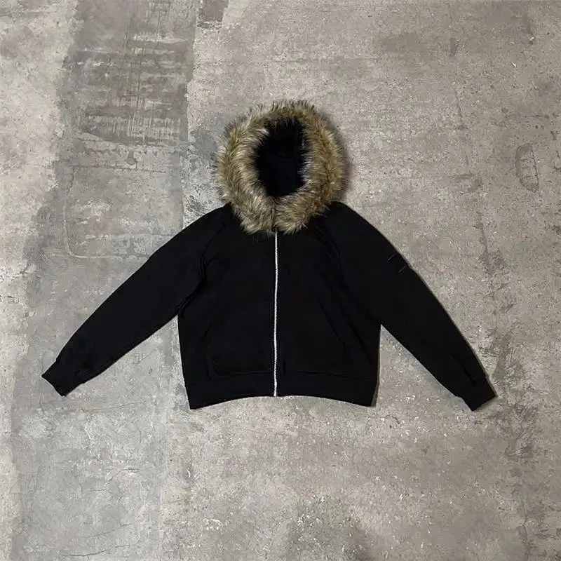 Y2K Zipper Hoodie with Faux Fur Collar - Harajuku Rock Gothic Style, Loose Fit, Retro Punk, Hip Hop Streetwear, 2024 EMO Y2K Zipper Hoodie with Faux Fur Collar - Harajuku Rock Gothic Style, Loose Fit, Retro Punk, Hip Hop Streetwear, 2024 EMO