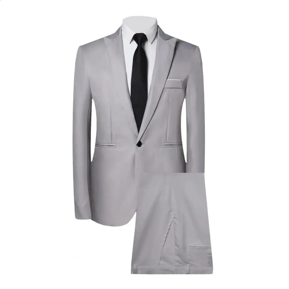 Mens Slim Fit Business Outfit Formal Gray Suit For Men With