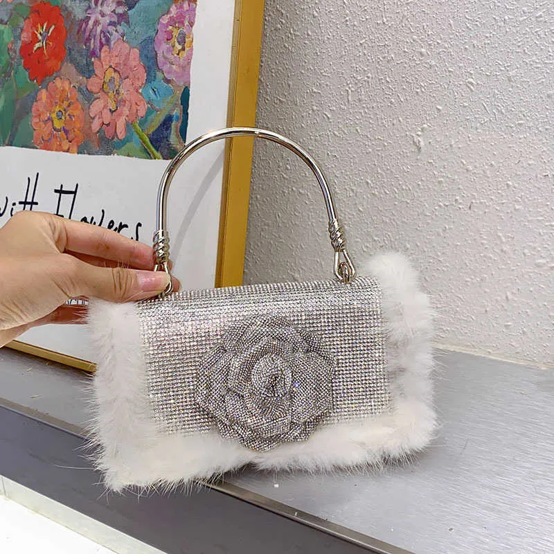 French Style Small Square Shoulder Bag with Diamond and Flower 