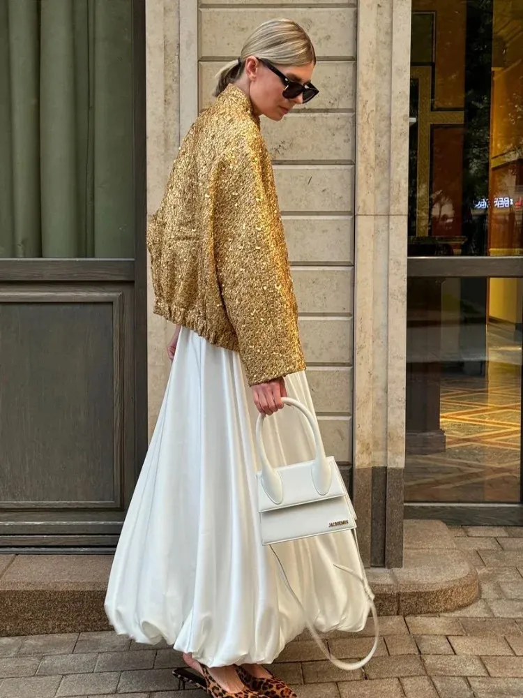 Chaqueta De Lentejuelas Doradas Para Mujeres Bolsillos Brillantes