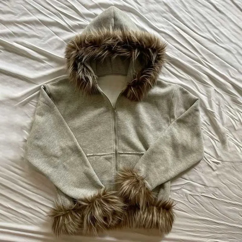 Y2K Mens Zipper Fur Hoodie Mens With Artificial Fur Collar Y2K Mens Zipper Fur Hoodie Mens With Artificial Fur Collar