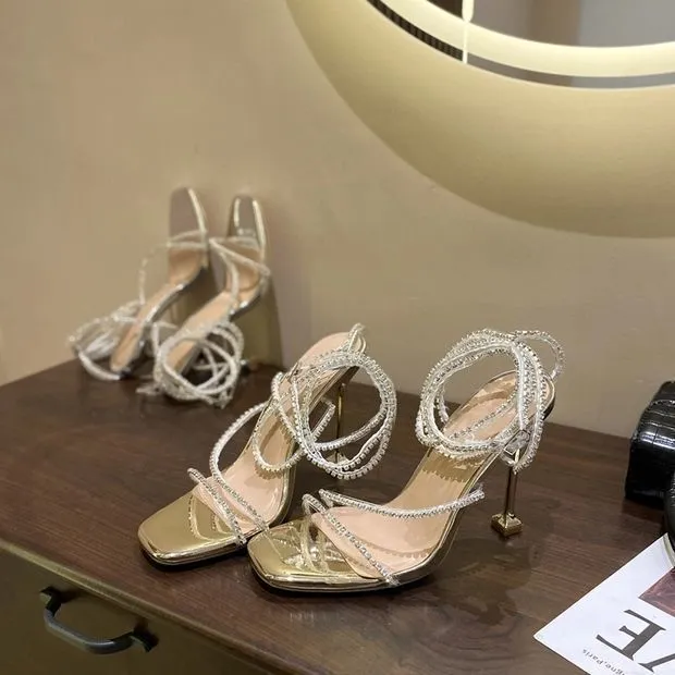 New Ddmywed Summer Square Head Rhinestone Sandals Slim Heel Open Toe High Heels Crystal Sexy One Line Roman Shoes Female_voghion.com