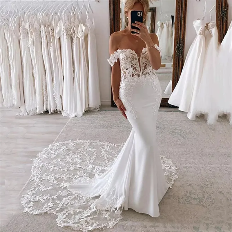 Gelinlik Mermaid Wedding Dress Lace Train Off Shoulder Bridal Gown For ...