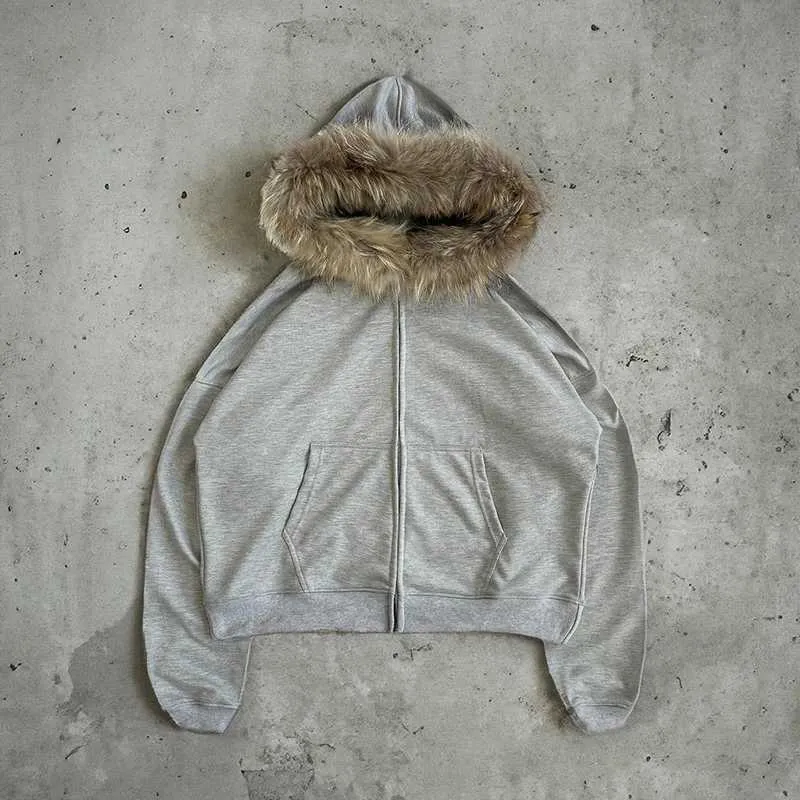 Y2K Mens Zipper Fur Hoodie Mens With Artificial Fur Collar Y2K Mens Zipper Fur Hoodie Mens With Artificial Fur Collar