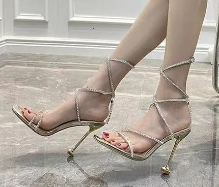 New Ddmywed Summer Square Head Rhinestone Sandals Slim Heel Open Toe High Heels Crystal Sexy One Line Roman Shoes Female_voghion.com