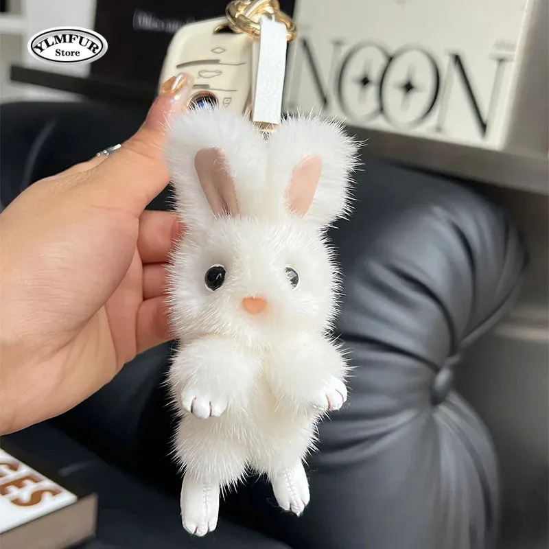 Fluffy Mink Fur Rabbit Rabbit Keychain Ring With Plush Pompom Bunny Bag ...