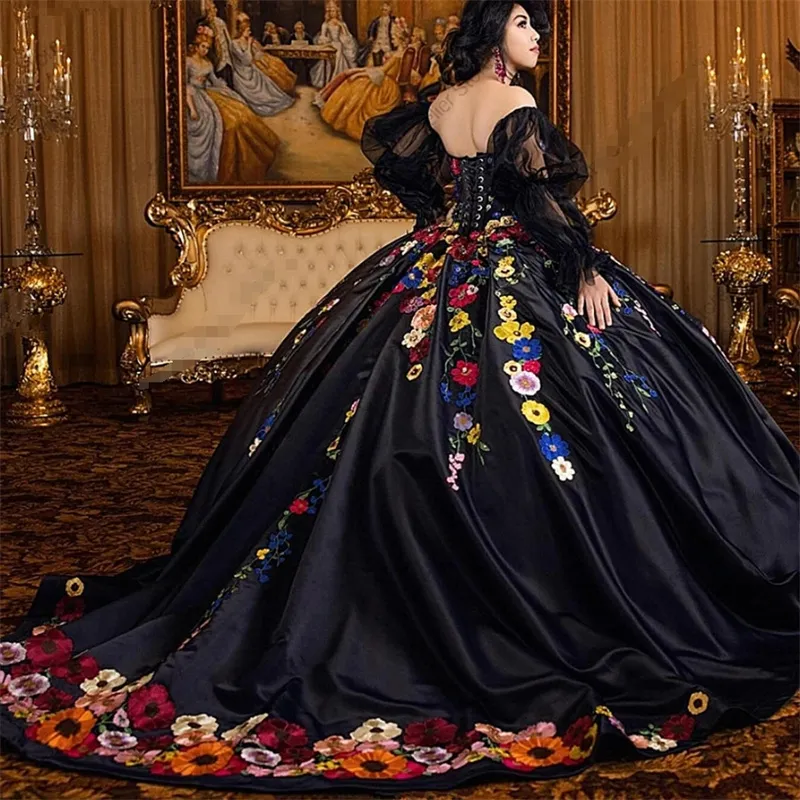 Mexican Party Dresses Black Charro Quinceanera Gown Colorful Flowers ...