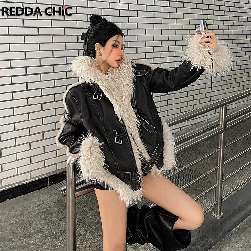 Women's Distressed Black Faux Fur Collar Leather Bomber Jacket Moto Biker  Style Grunge Streetwear