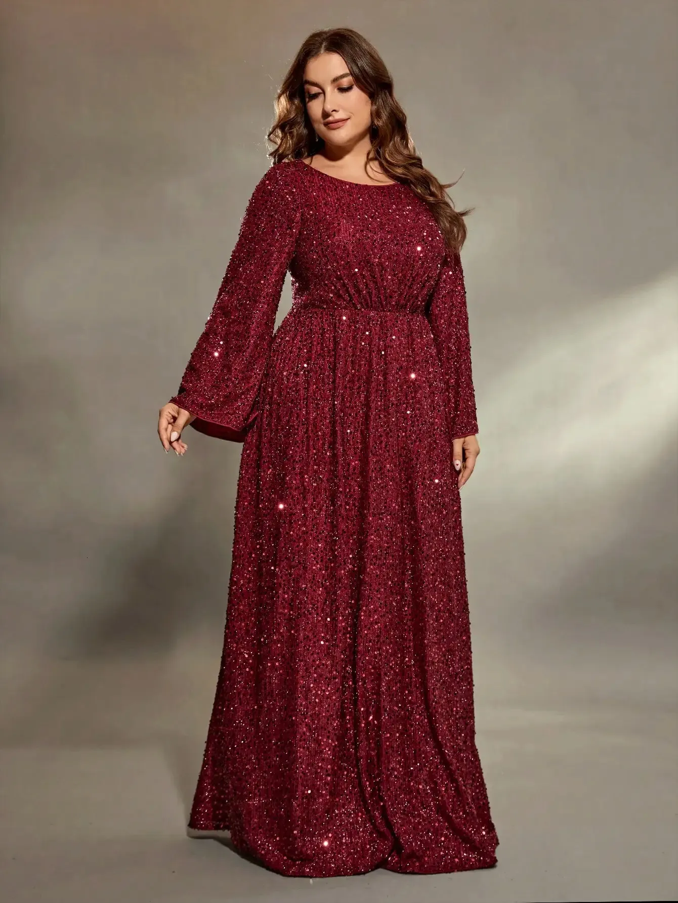 Plus Size Sequin Red Sequin Evening Gown with Flared Sleeves and Bust Pleats - Perfect for Prom and Party Wear