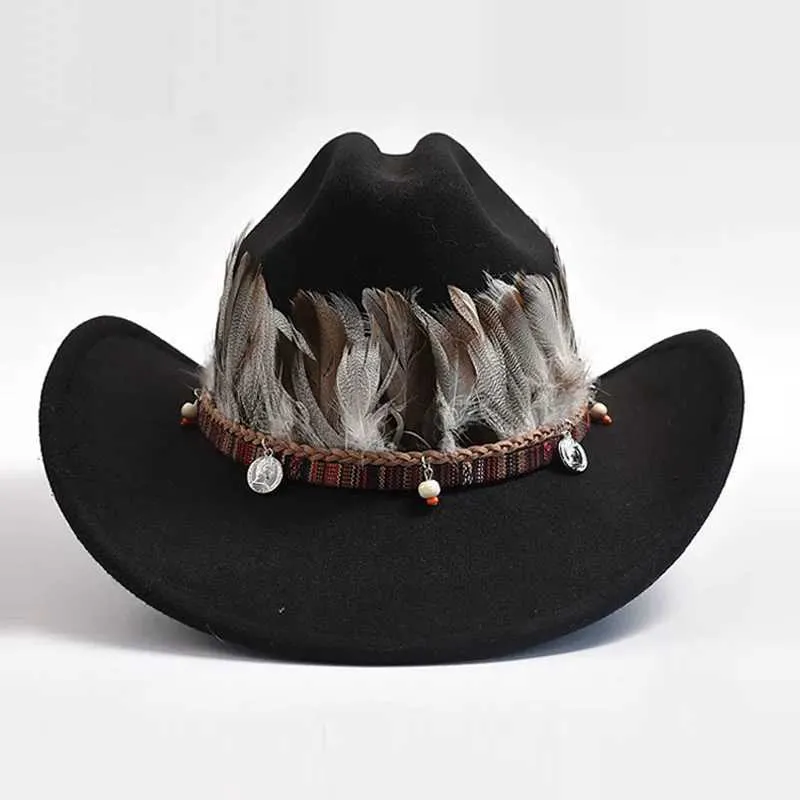 Western Cowboy Silk Hat with Wide Brim and Feather  display picture 1