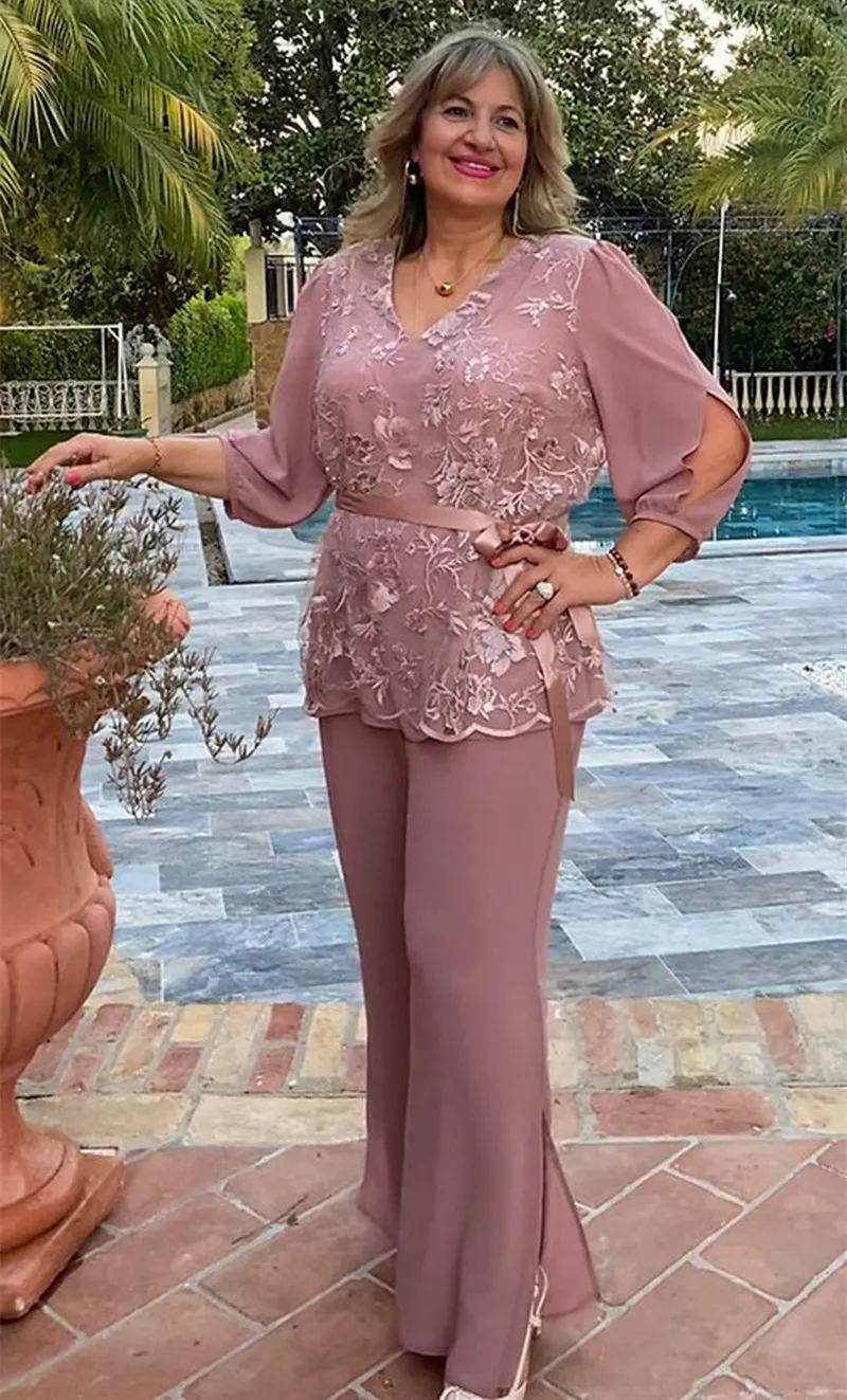 sachin and babi light blue dress Dusty Rose Dress Mother Of The Bride V-Neck Appliques A-Line Half Sleeves  Long Chiffon Mother Of The Bride Dress main image 0