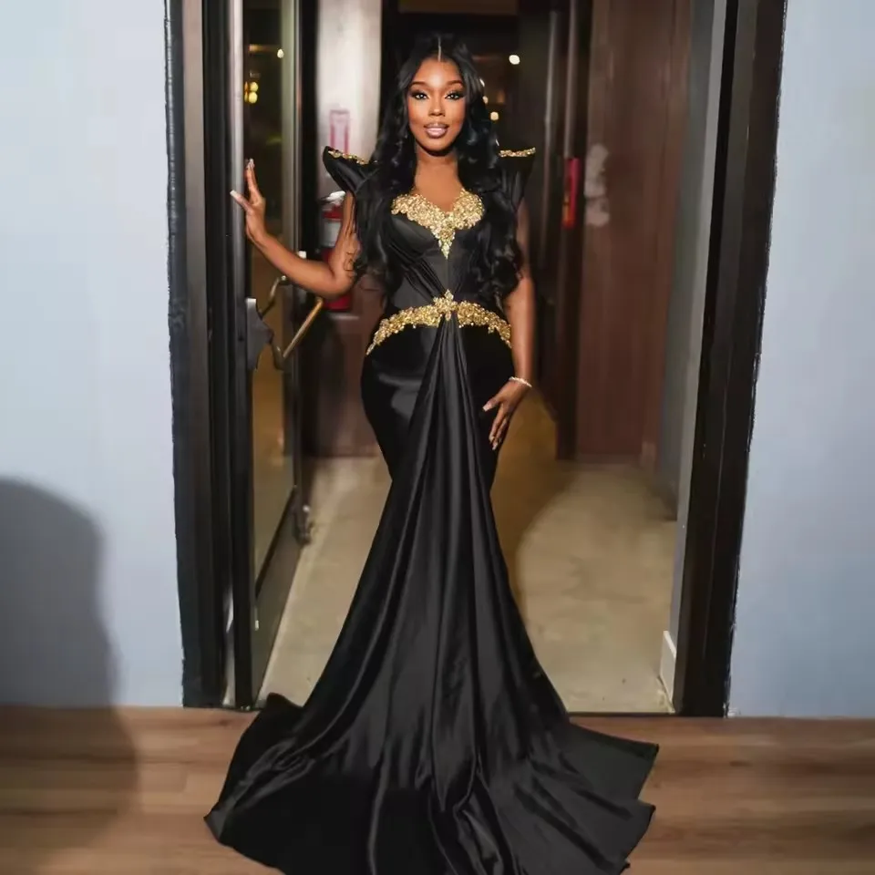 Customized Mermaid black prom gown with Gold Beads