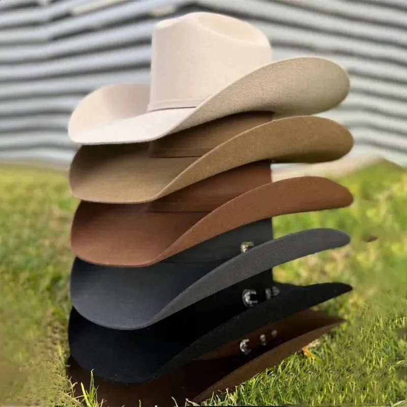DRESHOW Classic Western Felt Cowboy Cowgirl Hat For Women Men Wide Brim Belt Buckle Retro Panama Hat Unisex Rolled Up Caps
