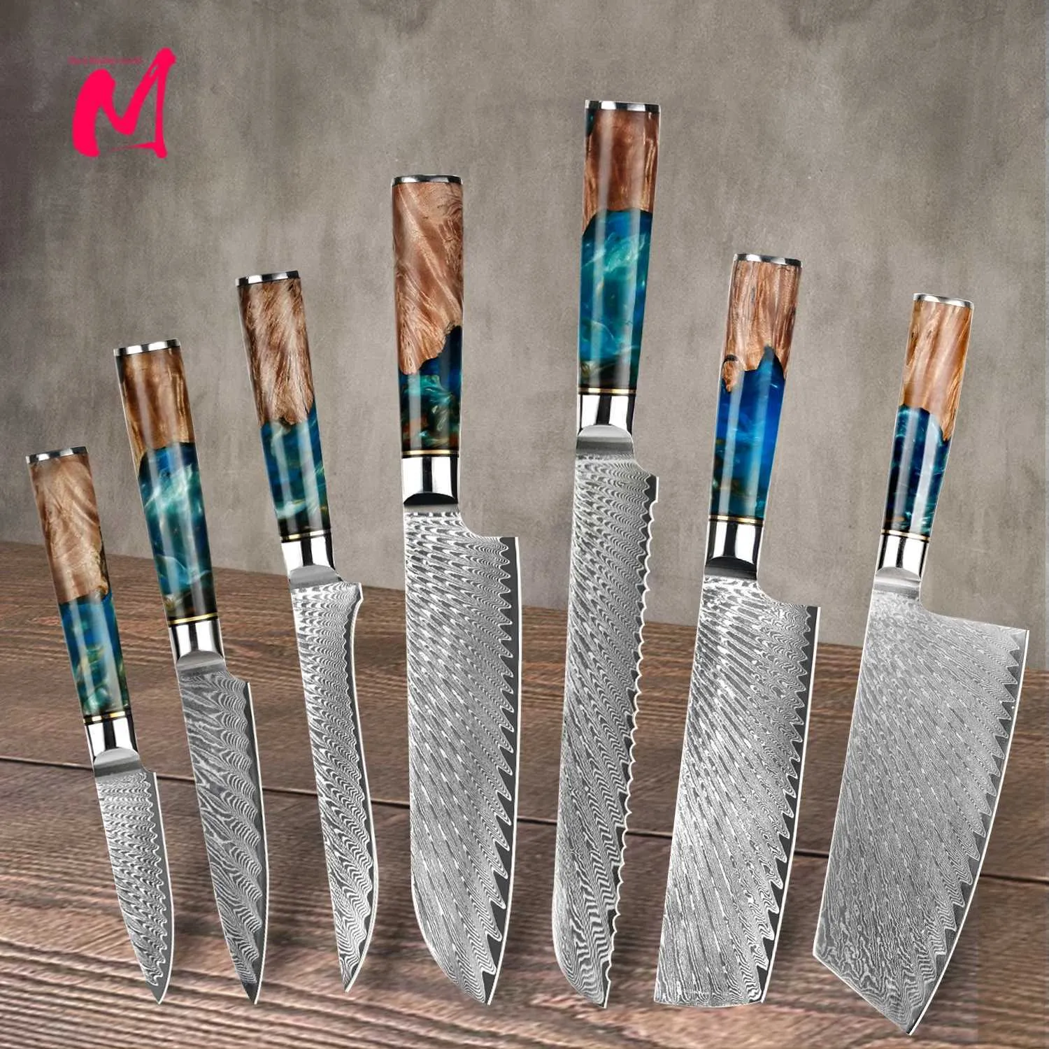 86% OFF Damascus VG10 Kitchen Knife Set – Chef, Bread & Chopping Knives, Blue Resin & Wood Handles – Only $8.90