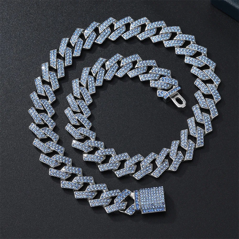 Blue String Chain 15MM Width Rhombus Prong Cuban Link Chain Blue Iced Out CZ Stones ...