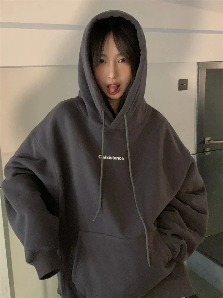 Korean Fashion Grey Fleece Baggy Pullover Sweatshirt From