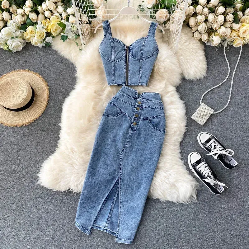 Denim Skirt Set: Womens Sexy Camisole Top and High Waist Denim