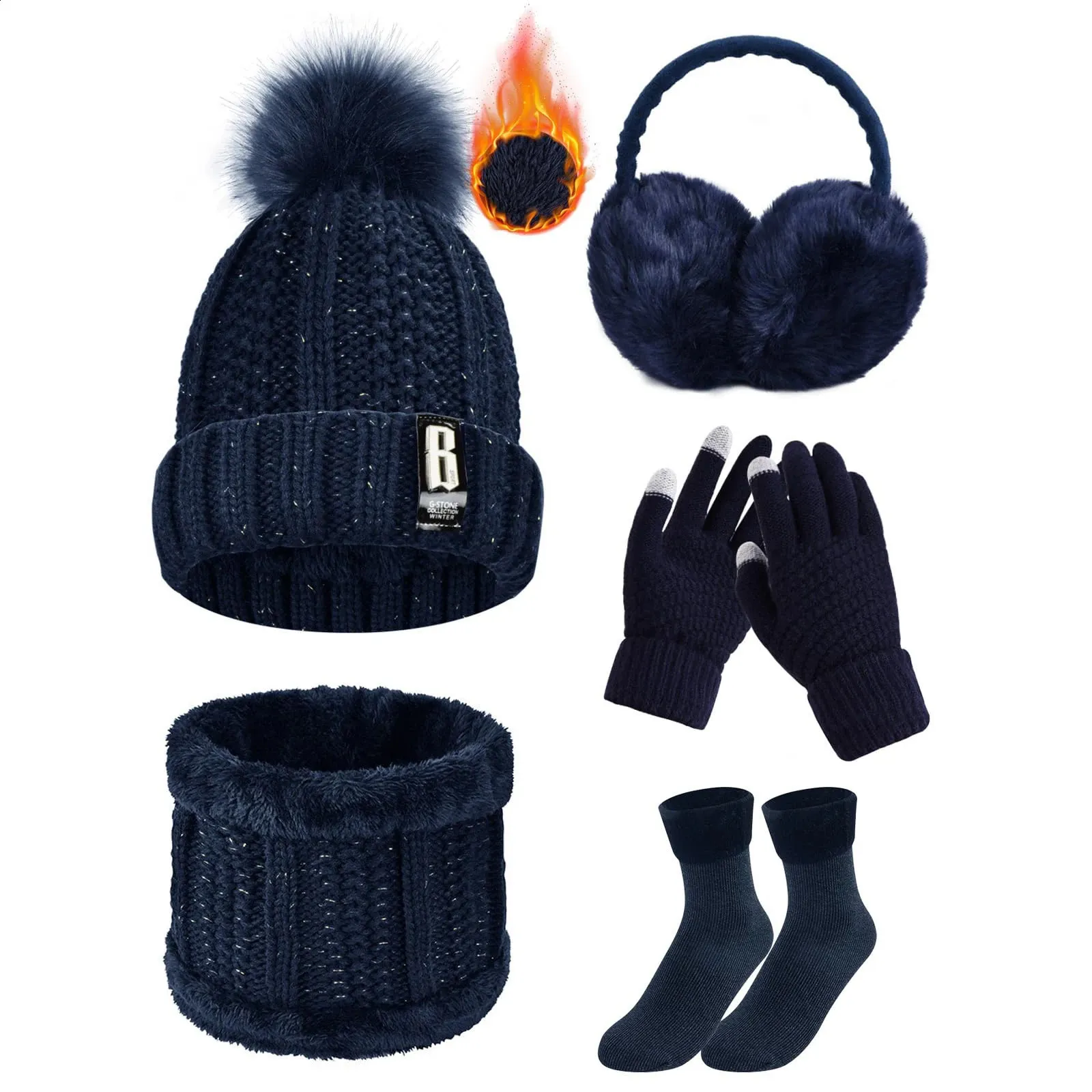 Winter Hat Scarf Gloves Ear Warmer Set, Acrylic Knit, Touch Screen Winter Hat Scarf Gloves & Ear Warmer Set | Warm Knit Beanie  main image 2