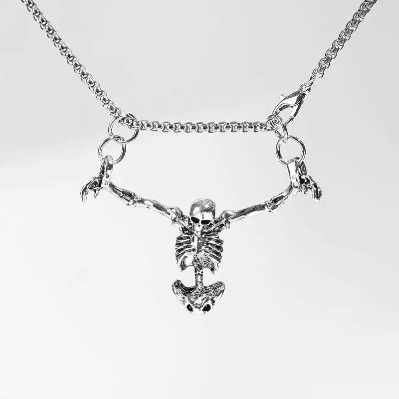 Collier Chaîne Squelette En Alliage Noir - Style Punk Gothique - Longueur Réglable - Neuf