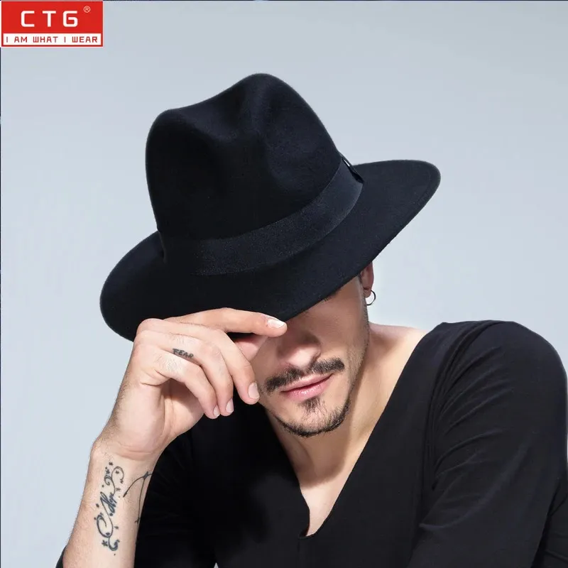thumbnail image 2 of Premium 100% Wool Wide Brim Fedora Hat - Classic Black Band, One Size Women's 2 of 5