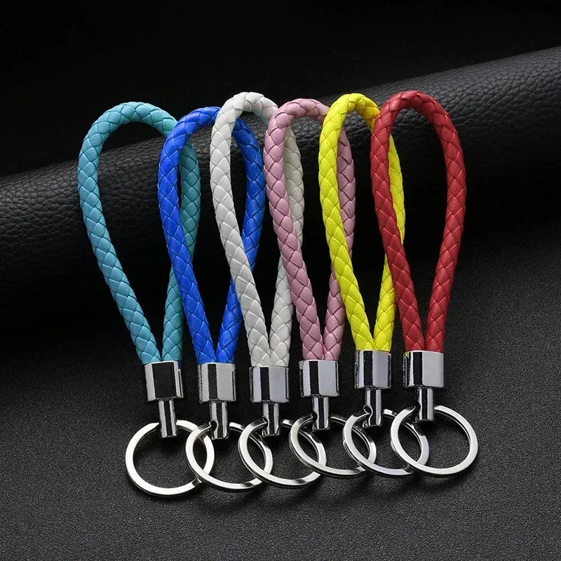 Woken Rope Keychain PU Leather Braided Woven Rope Keychain Bone Material Car Keyring ...