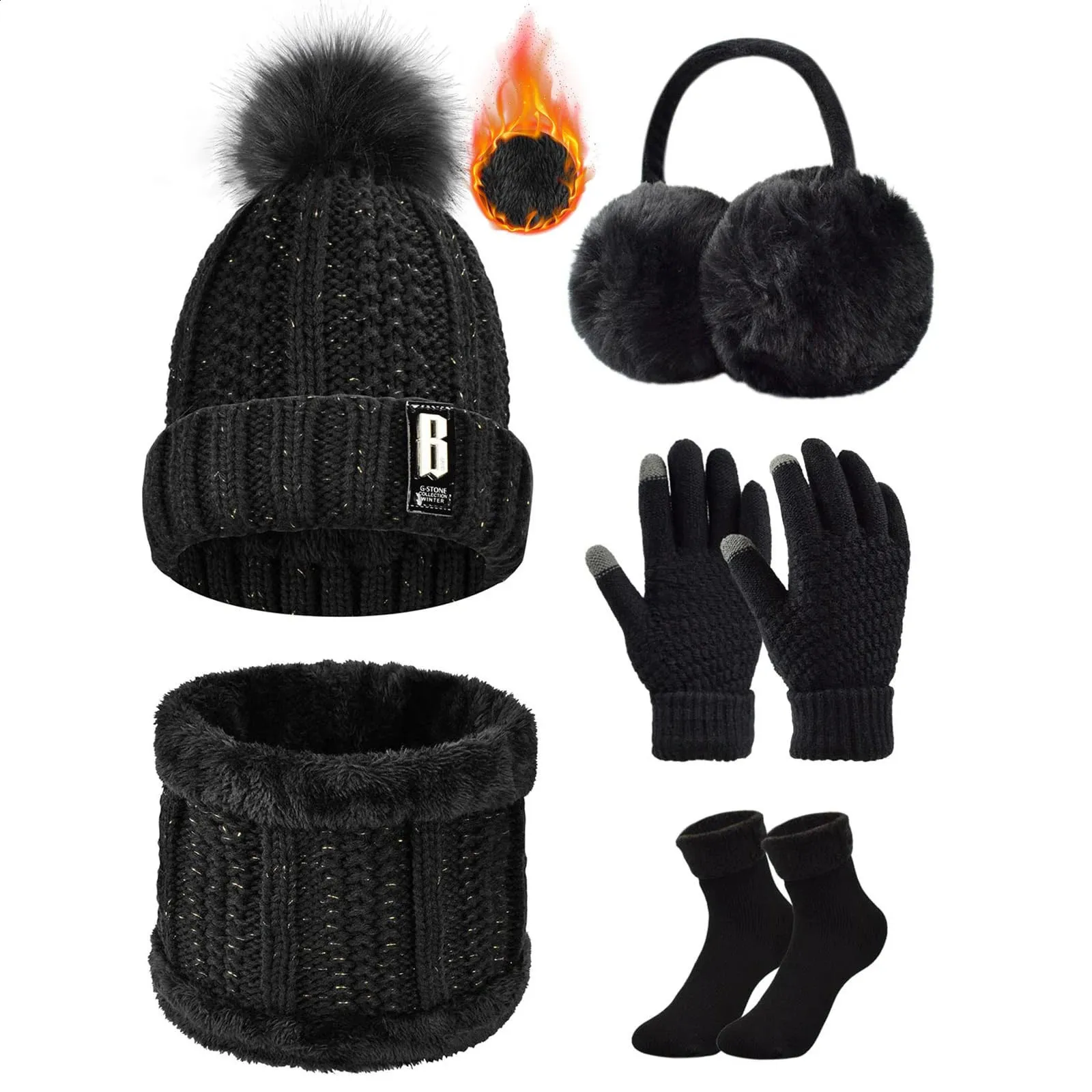 Winter Hat Scarf Gloves Earmuff Set 20 Pcs Knit Pompom Warm Touchscreen Knitted Hat And Scarf Set Touch Screen Gloves Winter Plush  main image 4