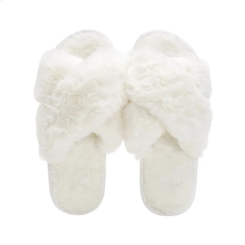 Save Big on Bulk White Fluffy Slippers Womens White Fluffy Slippers For  Women Plush Cross Fur Indoor Slides, Platform Flat Home Flip Flops,