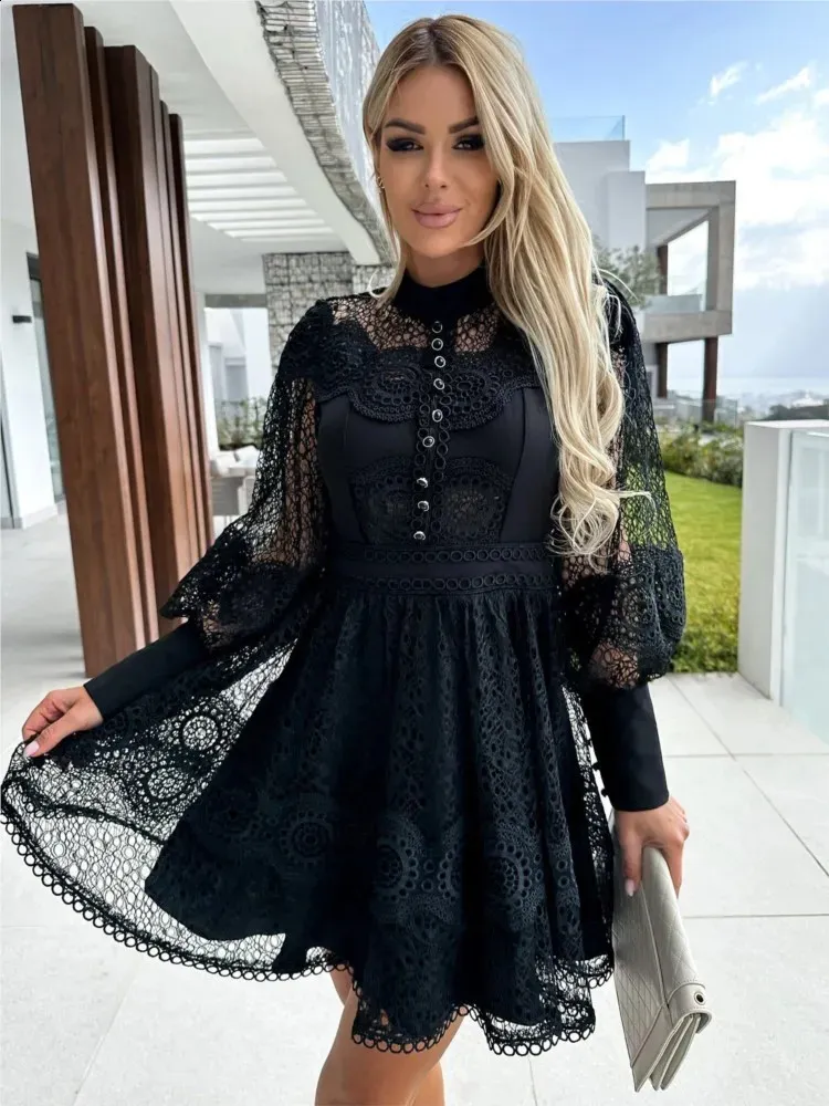 Elegant Lace Patchwork Mini Dress for Women - Solid Color, Hollow Out Design, Perfect for Spring and Autumn - mujeres en Mini vestidos 241228