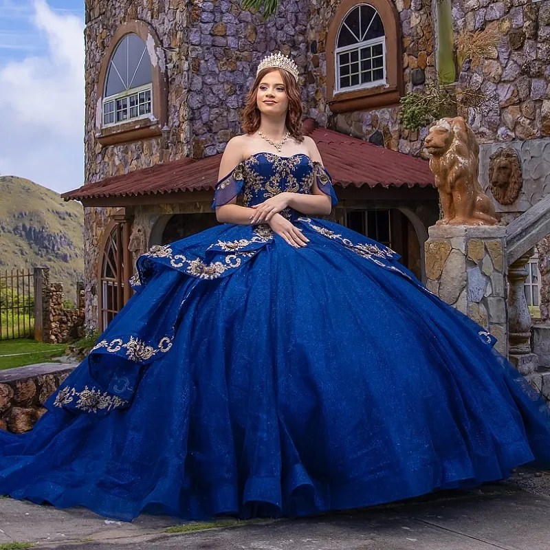 Navy Blue Quinceanera Dresses Ball Gown Off Shoulder Applique Lace