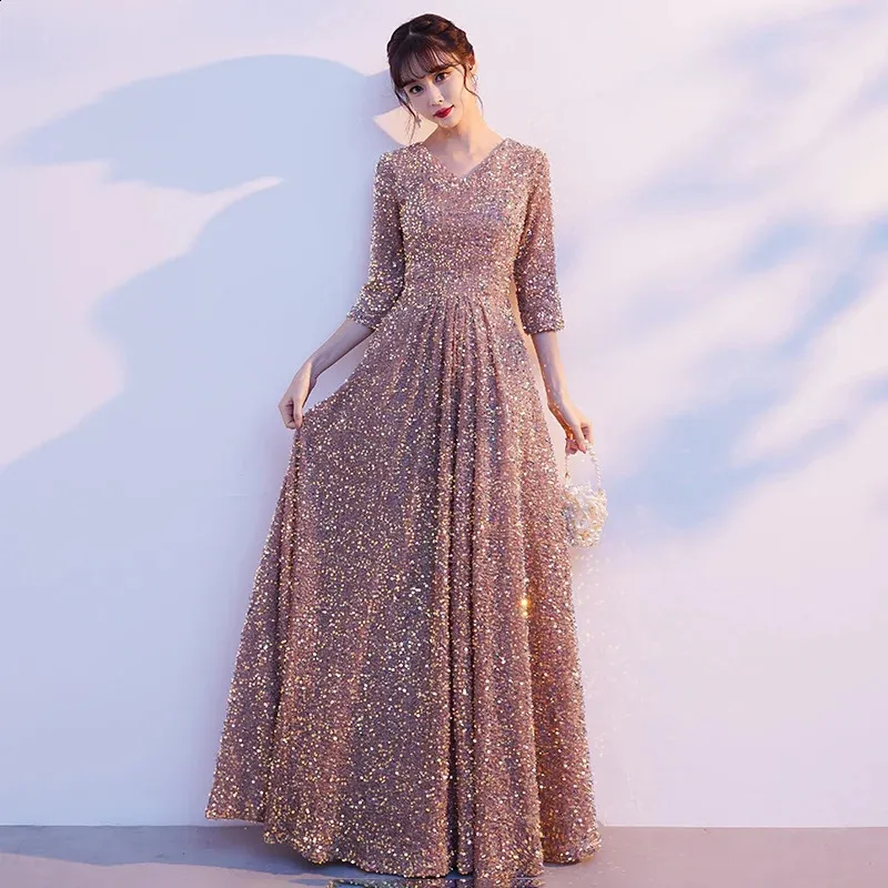 Sequin Deep V-Neck A-line gold Sequin Formal dress with Zipper Back - Customizable and Floor-Length for Formal Parties - RU125 241223
