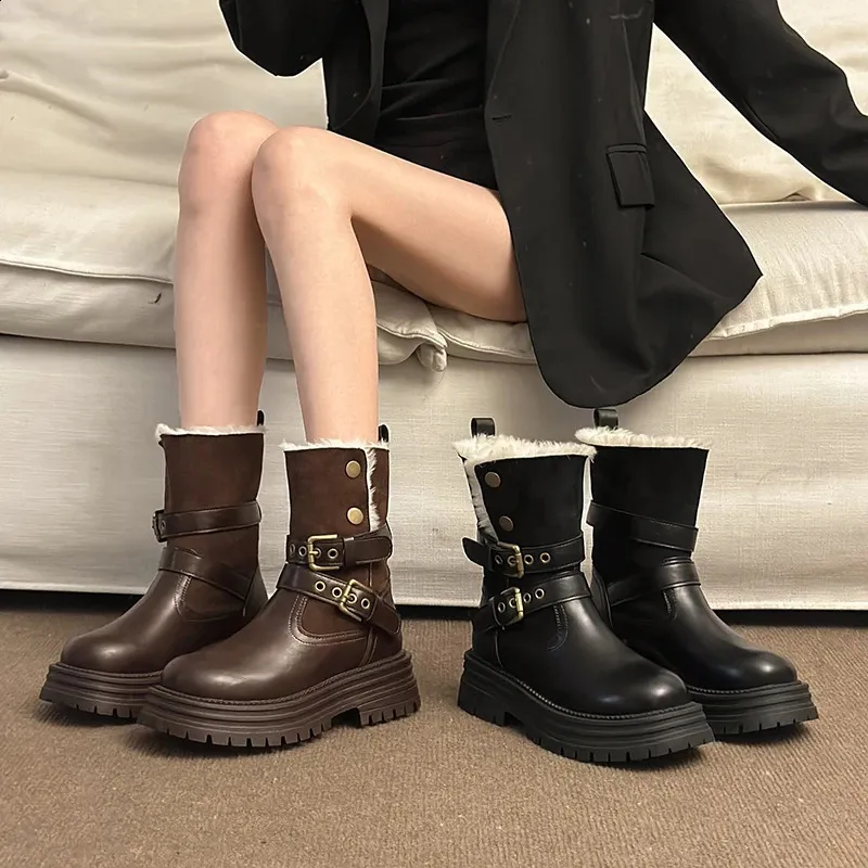 Womens Motorcycle Riding Boots Mid Heel Boots With Belt Buckle