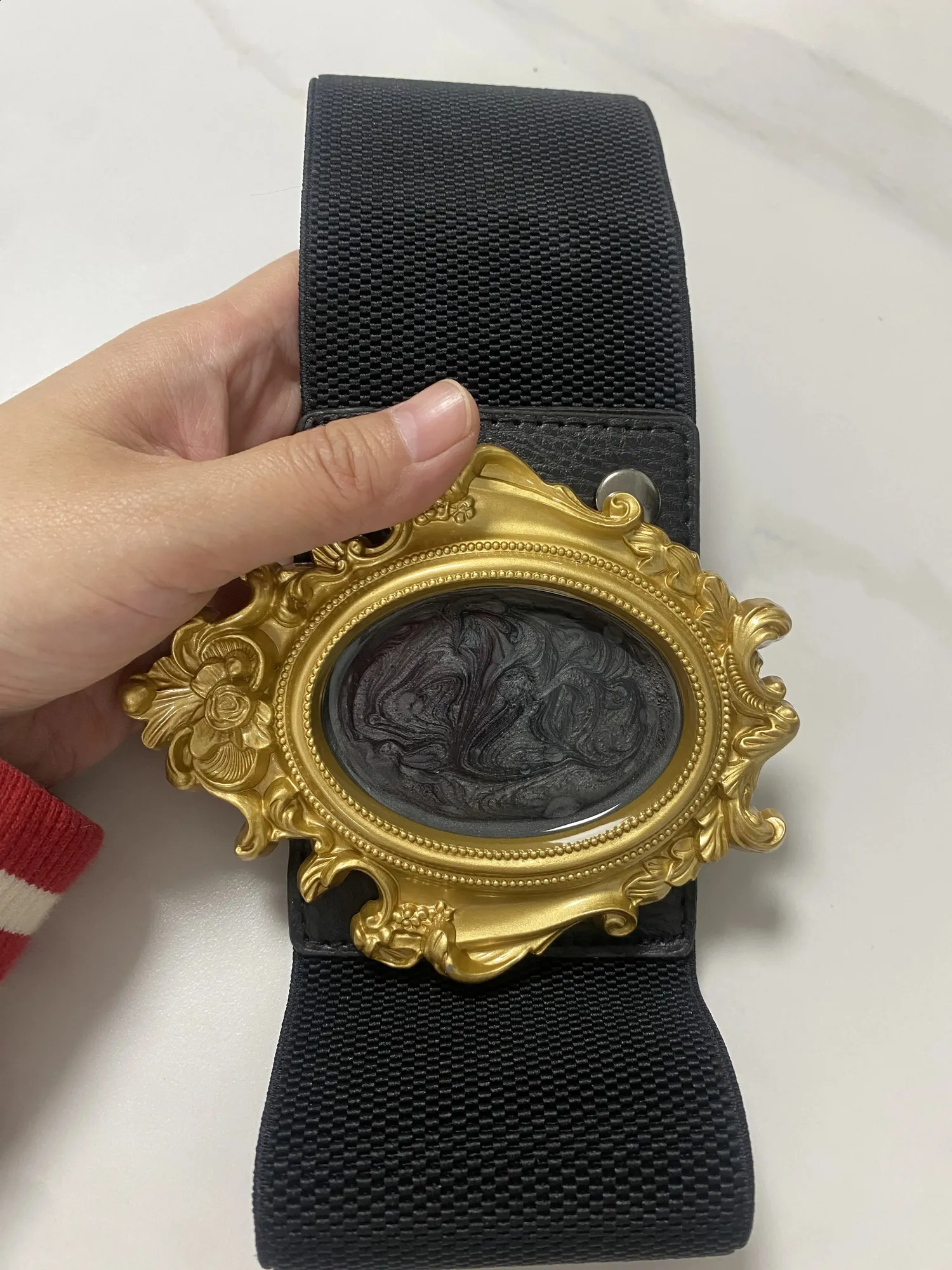 Womens Vintage Gold Buckle Wide Elastic Cummerbund Belt 