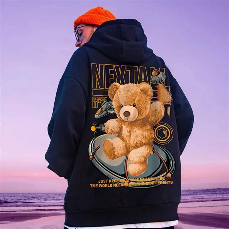 Mens Oversized Hip Hop Bear Graphic Hoodie Casual Streetwear