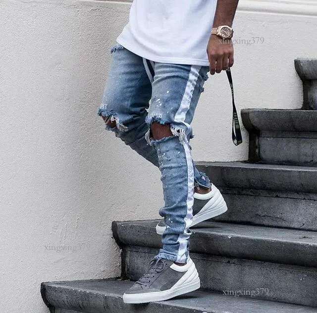 New Mens Hip Hop Ripped Jeans 2018 Destroyed Hole Skinny Biker