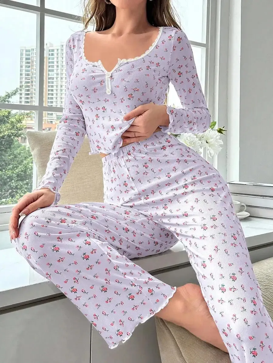 Long Sleeve Pajamas for Women Ankle-Length Acrylic Lace Shell Casual ...
